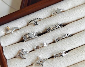 ¡Vendedor del Reino Unido! Conjunto retro de 10 anillos plateados con estrellas, conjunto de anillos dorados, regalo para ella. Conjunto de anillos midi dorados, bonito conjunto de anillos finos, anillos apilables, estilo boho.