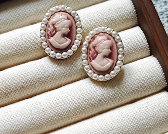 Cameo Earrings: Pink Portrait Studs with Pearl Border