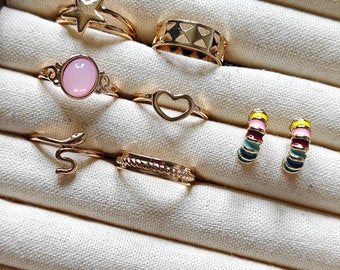 UK seller! gift set 6pcs gold set rings & earrings, gold Ring set ,Gold Midi Ring Set, cute ring set, stackable rings, gift for her, pink
