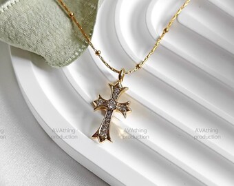 Gold Cross Necklace: Stainless Steel Thin Chain, Layered Necklace