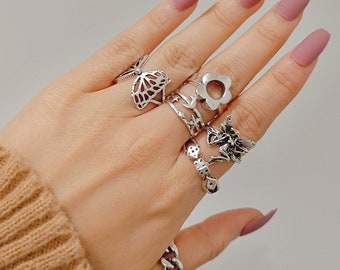 Verkäufer aus England! 6 Stück Schmetterling Silber Set Ringe, Gold Ring Set, Geschenk für sie Gold Midi Ring Set, Silber Ringe Set, stapelbare Ringe, Boho