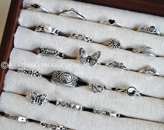 ¡Vendedor del Reino Unido! Juego de 21 anillos retro de plata, regalo para ella. Anillos midi dorados, bonitos anillos retro, anillos apilables, estilo bohemio.