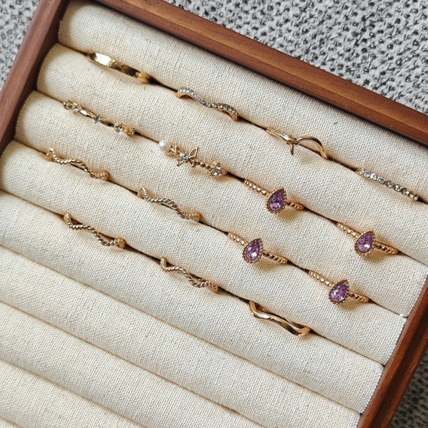 Gold Ring Set: Purple Drops, Thin Stackable Rings (15pcs)