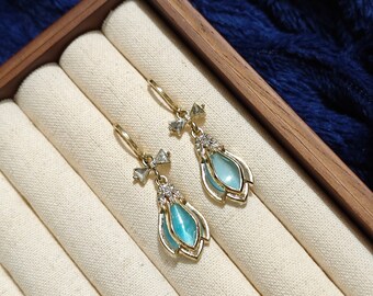 Blue Dangle Earrings: 925 Silver Gold Huggies