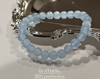 UK seller! Light Blue chalcedony Gemstone Bracelet ,Minimalist Sunstone, beads bracelet Calming Patience, handmade, stability and protectio