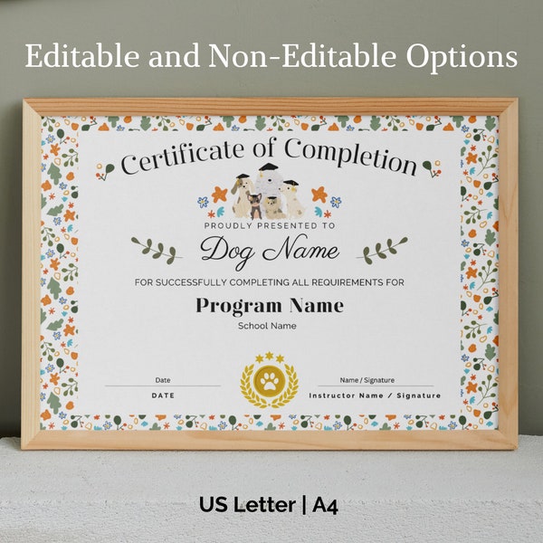 Puppy Graduation Certificate Template, Dog Training Completion Award, Obedience School, Daycare, Boarding, Pet Diploma Printable, Editable