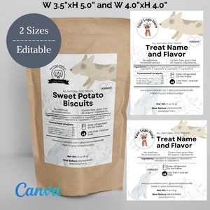 Etiquetas editáveis para petiscos para cães, petiscos para animais de estimação, embalagens de alimentos para cães, sacos para biscoitos para cães, modelos personalizados de ingredientes de produtos, download