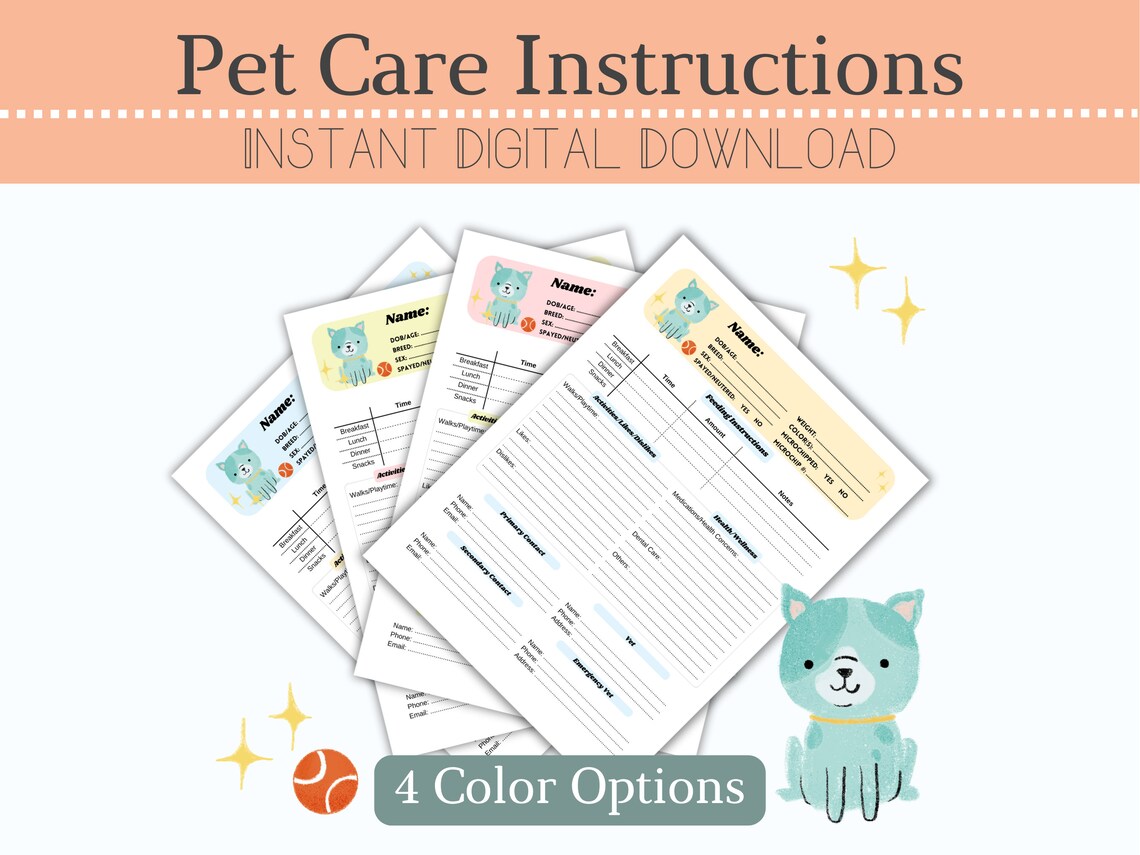 Pet Care Instructions Pet Sitting Information Guide Pet Sitter Template ...