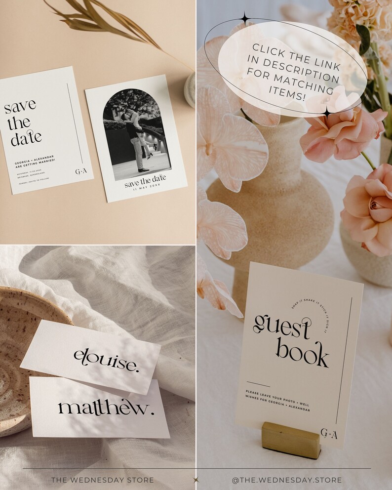 May include: A set of wedding stationery with a minimalist design. The save the date cards feature a black and white photo of a couple under an archway. The guest book sign has a simple black and white design with the text "guest book".