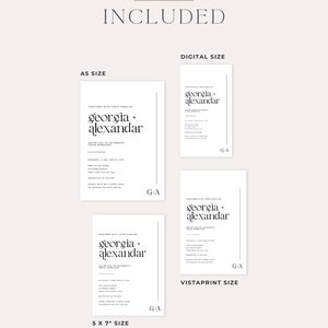 May include: A digital download of a wedding invitation template in three sizes: A5, 5x7 inches, and Vistaprint. The invitation features a minimalist design with the names "Georgia + Alexandar" in a simple font.