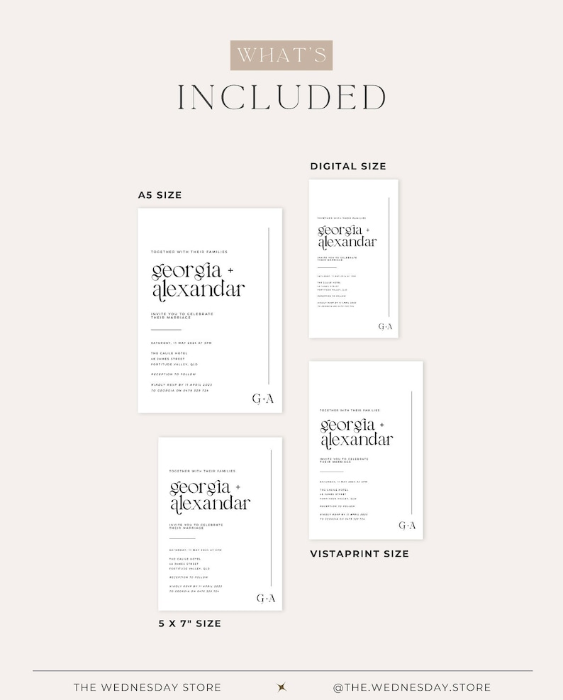 May include: A digital download of a wedding invitation template in three sizes: A5, 5x7 inches, and Vistaprint. The invitation features a minimalist design with the names "Georgia + Alexandar" in a simple font.
