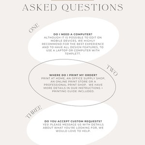 May include: A graphic with frequently asked questions about printable designs. The questions are: Do I need a computer? Where do I print my order? Do you accept custom requests? The graphic is in a light brown color with white text.