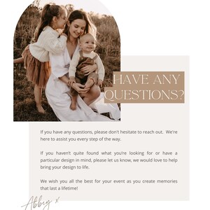 May include: A woman and two children are sitting in a field. The woman is wearing a white dress and the children are wearing brown and white clothing. The text "HAVE ANY QUESTIONS?" is displayed in a white box with a brown border.