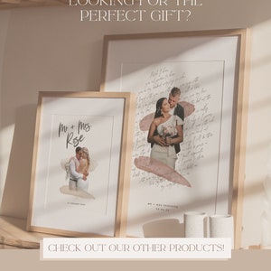 May include: Two framed wedding photos with a watercolor background. The first photo shows a couple in a romantic embrace with the text "Mr & Mrs Rose" and the date "12 February 2022". The second photo shows a couple in a wedding dress and suit with the text "Mr & Mrs Shepherd" and the date "20.04.22".