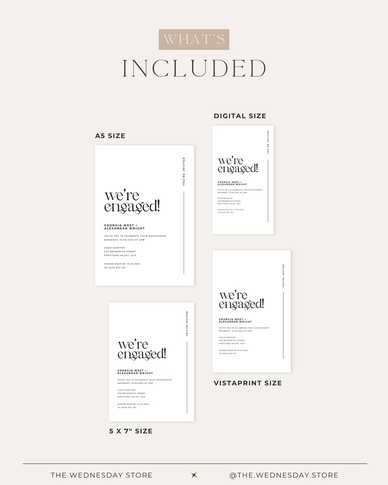 May include: A digital download of printable engagement announcement cards in three sizes: A5, 5x7 inches, and digital. The cards feature a simple black and white design with the text "We're Engaged!" and the couple's names.