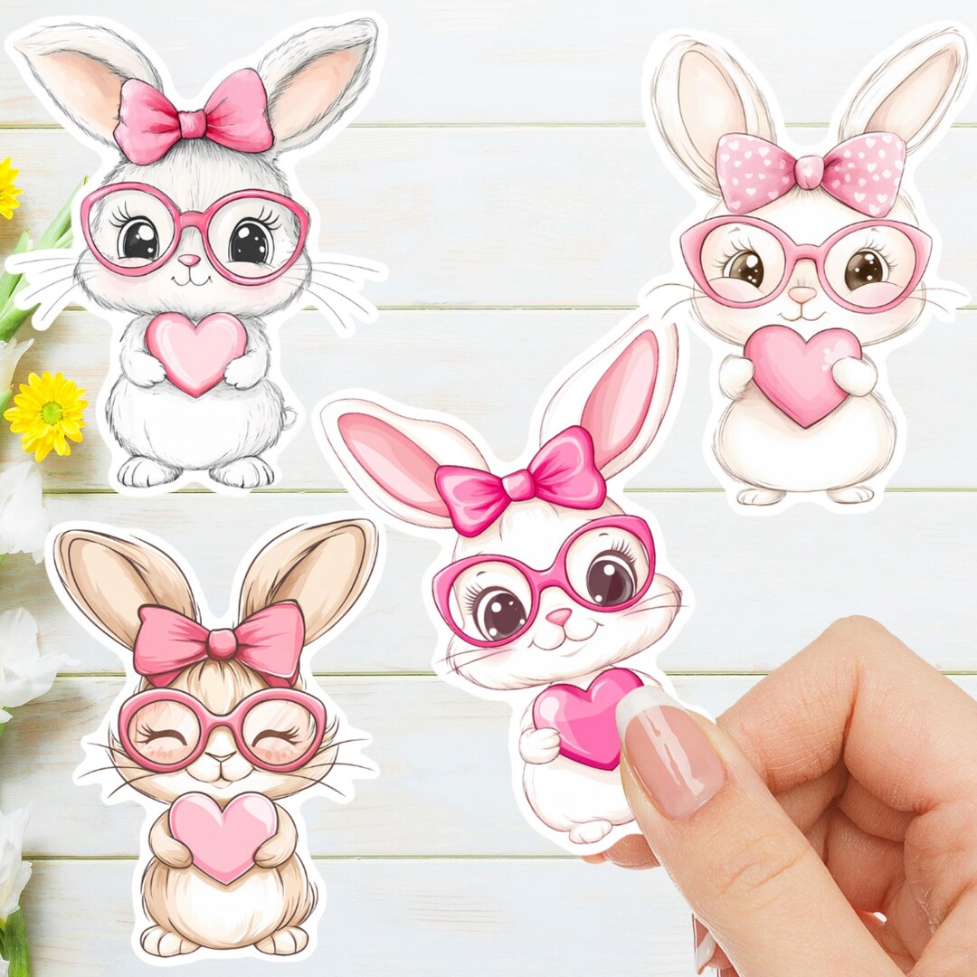 Cute Rabbit Holding Heart Kiss-cut Stickers, Valentine's Day Love Heart ...