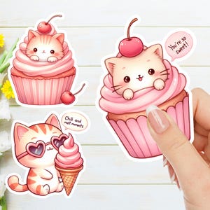 Lot de 3 autocollants esthétiques pour petits gâteaux avec chat rose, autocollants pour agendas, autocollants pour ordinateur portable en vinyle pour enfants, stickers pour ordinateur portable bouteille d'eau