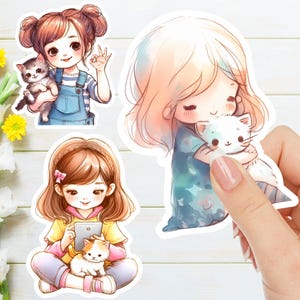 3 Pack Cute Girl & Her Kitten Sticker Pack Aesthetic, Motivational Journal Planners Stickers, Notebook Vinyl Sticker Bottle Laptop Decals