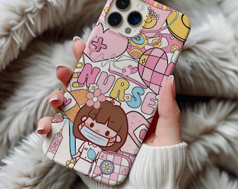Funda para teléfono con collage de enfermeras kawaii, bonita funda médica rosa para iPhone, regalo estético para enfermeras, accesorio para héroes de la salud, regalo para teléfono de enfermera