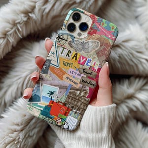 Travel Collage Aesthetic Phone Case for iPhone, Adventure Scrapbook Phone Cover, Vintage Map, Vacation Suitcase Design, Travel Lover Gift