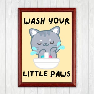 Wash your Paws Cute Cat Print, Cute Bathroom Poster, Wash Room Childrens Washing up Posters, Kawaii Prints Decor, Unique Cats Art, UNFRAMED