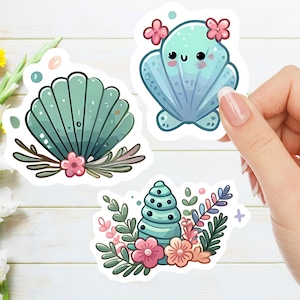 Paquete de 3 pegatinas troqueladas de vinilo con conchas azules. Pegatinas para diario playero, manualidades, regalos náuticos y portátiles.