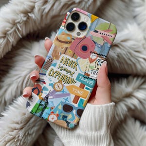 Never Stop Exploring Travel Collage Phone Case for iPhone, Vacation Scrapbook Aesthetic Case, World Map Design, Wanderlust Gift Idea