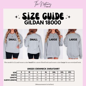 May include: Size guide for a Gildan 18000 unisex crewneck sweatshirt. The image shows models wearing small and large sizes. Measurements are provided in inches for sizes S through 4XL, including width, length, and sleeve length.