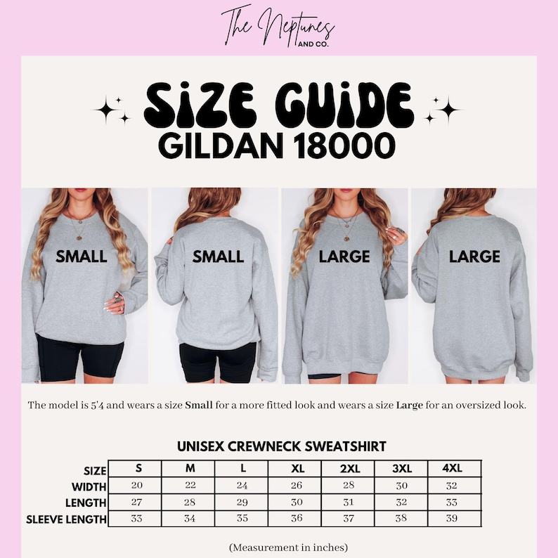 May include: Size guide for a Gildan 18000 unisex crewneck sweatshirt. The image shows models wearing small and large sizes. Measurements are provided in inches for sizes S through 4XL, including width, length, and sleeve length.