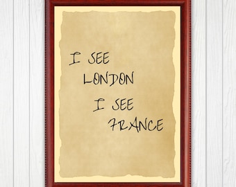 Impresión divertida para baño "Veo Londres, veo Francia", póster, decoración peculiar para baño, arte de pared para baño, divertido regalo de inauguración de la casa