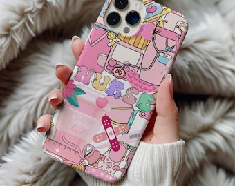 Funda para teléfono con collage de enfermera rosa, bonita funda para iPhone de enfermera, regalo con diseño de combustible para enfermeras, estética médica kawaii, regalo para profesional de la salud.