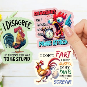 Lot de 3 autocollants en vinyle découpés dans un baiser drôle de coq, autocollants de poulet sarcastiques pour journal, travaux manuels, ordinateur portable, scrapbooking, idée cadeau à la ferme