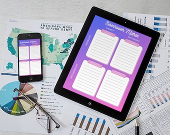 May include: A digital tablet and a smartphone display a pink and purple Eisenhower Matrix with the words "Urgent", "Important", "Not Urgent", and "Not Important" in white text. The matrix is divided into four sections with lined spaces for writing.