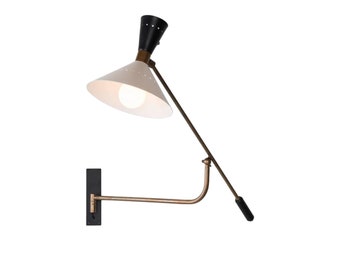 1950 Mid Century Matte Black white Antique Brass Wall Scone Articulating Industrial Diabolo Cone Sputnik Italian Stilnovo Handmade lamp