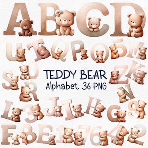 Alfabeto de ursinho de pelúcia, letras png, alfabeto png, decoração de berçário, letras e números de urso fofo para scrapbooking, brinquedos educativos infantis