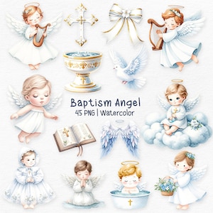 Aquarela de clipart de batismo, batismo cristão, anjo de batismo, aquarela de páscoa, anjinhos, espírito santo fofo, convite de batizado