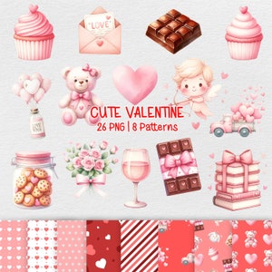Clipart ad acquerello di San Valentino, arte dell'arredamento d'amore, biglietto di San Valentino stampabile, download digitale di San Valentino per la scuola materna dei bambini, uso commerciale