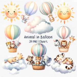 Safaridieren heteluchtballon, safari babyshower, safari dieren clipart, dierlijke heteluchtballon, clipart jungle babyshower, baby safari dier