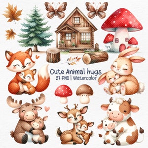 Animal hugger clipart do dia dos namorados aquarela, Dia dos Namorados fofo Animal abraçando clipart, presente de dia das mães, Bebê Animal Clipart Decoração de berçário