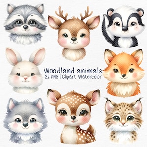Animales del bosque cabeza acuarela clipart, imágenes prediseñadas de animales del bosque, bosque de acuarela, imágenes prediseñadas de alce lindo, animal bebé vivero animal