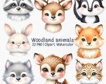 Woodland animals head watercolor clipart, forest animals clipart,watercolor woodland,cute moose clipart, baby animal Nursery Animal