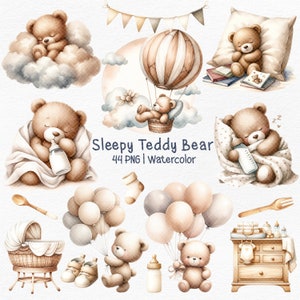 Orsacchiotto assonnato, orsacchiotto che dorme, Baby Bear Clipart Teddy Baby Shower Clipart Acquerello Teddy Bear Bundle