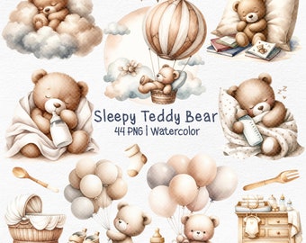 May include: Watercolour illustrations of a sleepy teddy bear in various poses, including holding a bottle, sleeping in a cot, and riding in a hot air balloon. The illustrations are in a soft, pastel colour palette and feature clouds, balloons, and other baby-themed elements. The text "Sleepy Teddy Bear 44 PNG | Watercolor" is included in the image.