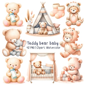 May include: A set of watercolour illustrations featuring teddy bears in various poses and settings. The bears are dressed in different outfits, including a dinosaur costume, a teepee, and a cot. The illustrations are perfect for creating baby-themed crafts, cards, and other projects.