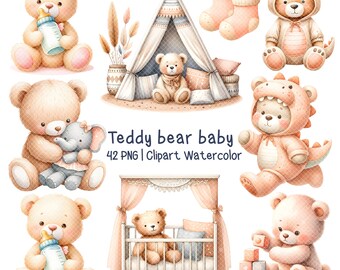 Teddy bear Baby Shower,boho teddy bear,Nursery Clipart, Teddy Bear PNG, Cute Animal, Boho Watercolor, Newborn Boho Kid ,Boho Baby Clipart