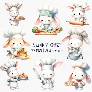Clipart de chef de coelho aquarela, coelho fofo cozinhando PNG digital, ilustração de animal de cozinha, coelho assado, uso comercial