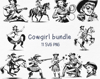 Retro Cowgirl Clipart Bundle, Retro Cowgirl svg png, Vintage Cowgirl, Retro Cowboy Sublimacja, retro Cowboys, prezent dla mamy, Retro Country Cowgirl