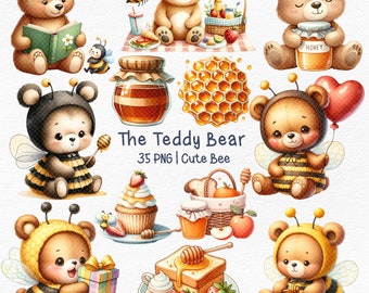 Bear bee clipart,bee bear,honey bee clipart,spring clipart,Cute Watercolor Bees Bears Honey Clipart  Honey Bee Png Bumblebee Nursery Decor