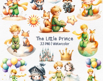 May include: Watercolor illustrations featuring characters from "The Little Prince." The images include a young boy in green clothing with a yellow scarf, a fox, a castle, a crown, and a sheep in a helmet. The text reads "The Little Prince 33 PNG | Watercolor."