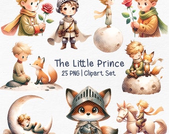 May include: A set of 25 digital clipart images featuring The Little Prince, a fox, a knight, a horse, and a moon. The images are in a cartoon style and are perfect for creating invitations, cards, and other crafts.